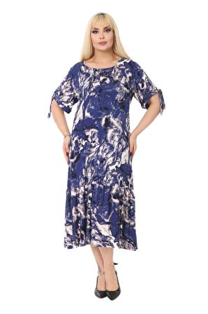 Melsay Butik Mavi Batık Desen Bağlamalı Kısa Kollu Kadın Midi Elbise