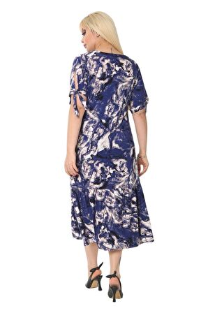 Melsay Butik Mavi Batık Desen Bağlamalı Kısa Kollu Kadın Midi Elbise