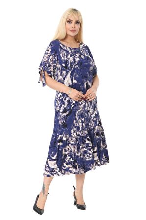 Melsay Butik Mavi Batık Desen Bağlamalı Kısa Kollu Kadın Midi Elbise