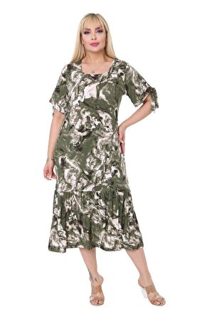 Melsay Butik Yeşil Batık Desen Bağlamalı Kısa Kollu Kadın Midi Elbise