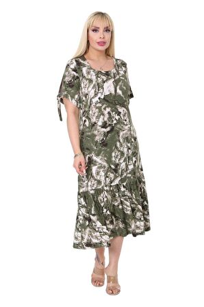 Melsay Butik Yeşil Batık Desen Bağlamalı Kısa Kollu Kadın Midi Elbise