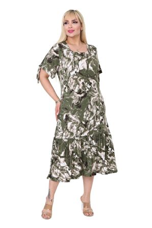 Melsay Butik Yeşil Batık Desen Bağlamalı Kısa Kollu Kadın Midi Elbise