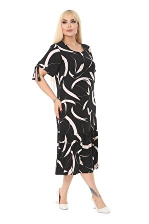 Melsay Butik Beyaz Tüy Bağlamalı Kısa Kollu Kadın Midi Elbise