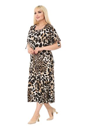 Melsay Butik Kaplan Desen Bağlamalı Kısa Kollu Kadın Midi Elbise
