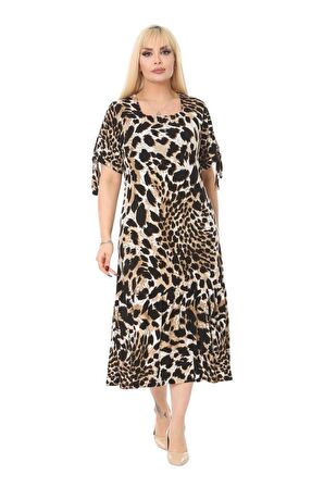 Melsay Butik Kaplan Desen Bağlamalı Kısa Kollu Kadın Midi Elbise