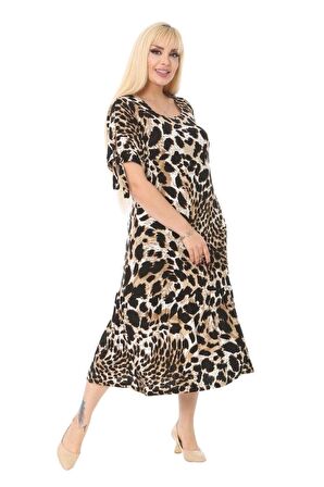 Melsay Butik Kaplan Desen Bağlamalı Kısa Kollu Kadın Midi Elbise