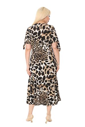 Melsay Butik Kaplan Desen Bağlamalı Kısa Kollu Kadın Midi Elbise
