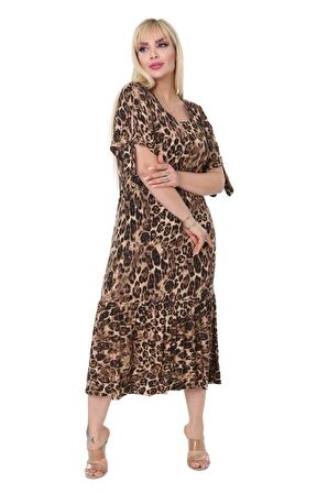Melsay Butik Büyük Leopar Bağlamalı Kısa Kollu Kadın Midi Elbise