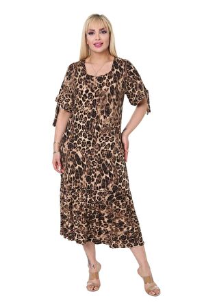 Melsay Butik Büyük Leopar Bağlamalı Kısa Kollu Kadın Midi Elbise