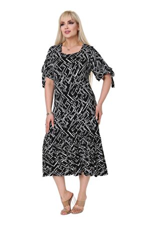 Melsay Butik Zigzag Çizgili Bağlamalı Kısa Kollu Kadın Midi Elbise