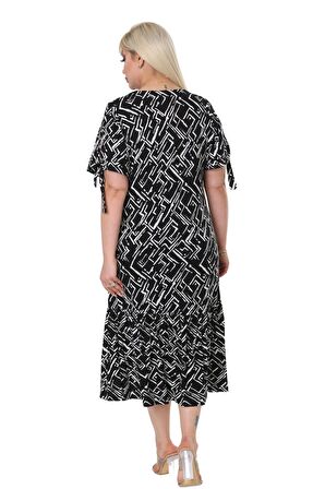 Melsay Butik Zigzag Çizgili Bağlamalı Kısa Kollu Kadın Midi Elbise