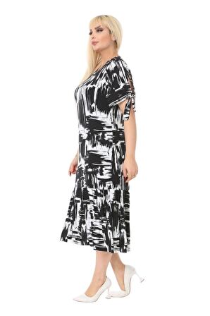 Melsay Butik Fırça Desen Bağlamalı Kısa Kollu Kadın Midi Elbise