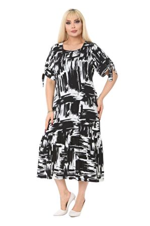 Melsay Butik Fırça Desen Bağlamalı Kısa Kollu Kadın Midi Elbise