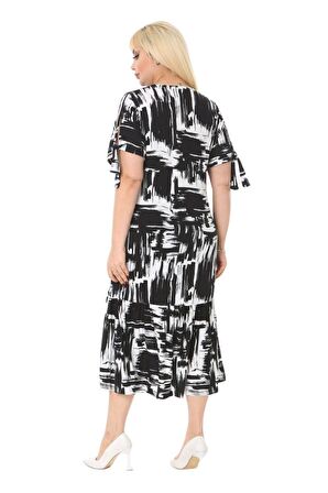 Melsay Butik Fırça Desen Bağlamalı Kısa Kollu Kadın Midi Elbise