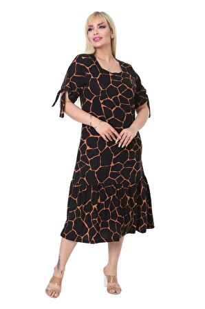 Melsay Butik Geometrik Bağlamalı Kısa Kol Siyah Kadın Midi Elbise