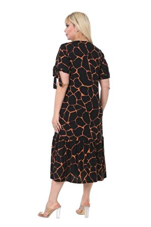 Melsay Butik Geometrik Bağlamalı Kısa Kol Siyah Kadın Midi Elbise