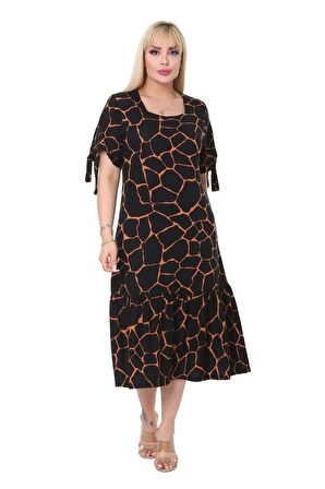 Melsay Butik Geometrik Bağlamalı Kısa Kol Siyah Kadın Midi Elbise