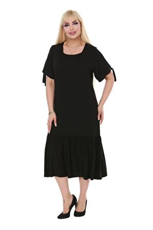 Melsay Butik Düz Siyah Bağlamalı Kısa Kollu Kadın Midi Elbise