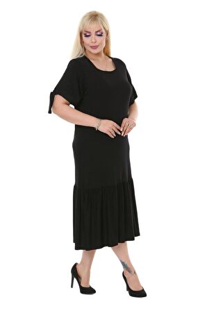 Melsay Butik Düz Siyah Bağlamalı Kısa Kollu Kadın Midi Elbise
