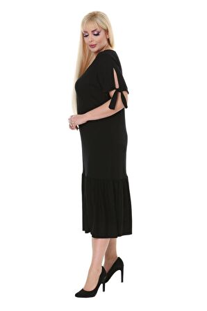 Melsay Butik Düz Siyah Bağlamalı Kısa Kollu Kadın Midi Elbise