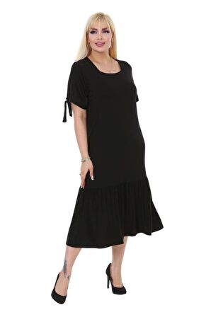 Melsay Butik Düz Siyah Bağlamalı Kısa Kollu Kadın Midi Elbise