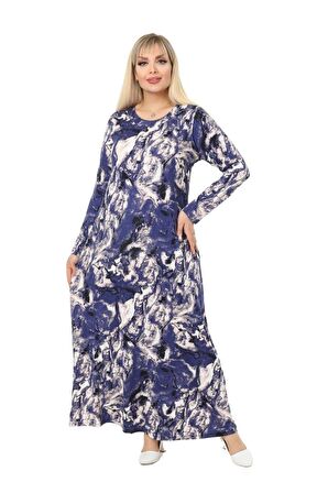 Melsay Butik Mavi Batik Desen Kollu Kadın Uzun Tesettür Elbise