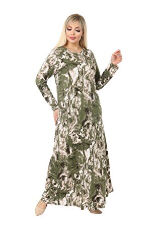 Melsay Butik Yeşil Batik Desen Kollu Kadın Uzun Tesettür Elbise