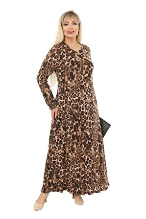 Melsay Butik Leopar Desen Kollu Kadın Uzun Tesettür Elbise