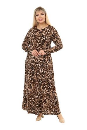 Melsay Butik Leopar Desen Kollu Kadın Uzun Tesettür Elbise