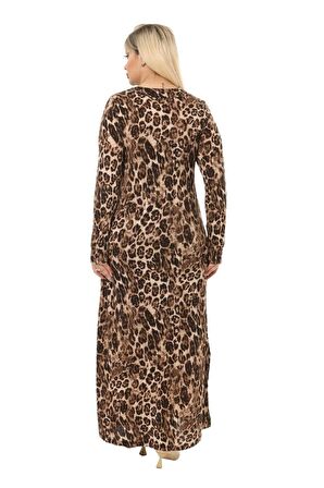 Melsay Butik Leopar Desen Kollu Kadın Uzun Tesettür Elbise