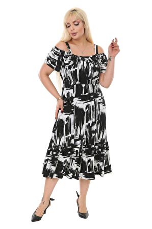 Melsay Butik Siyah Fırça Desen Askılı Madonna Yaka Midi Elbise