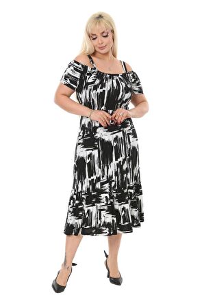 Melsay Butik Siyah Fırça Desen Askılı Madonna Yaka Midi Elbise