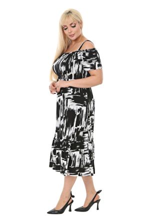 Melsay Butik Siyah Fırça Desen Askılı Madonna Yaka Midi Elbise