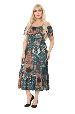 Melsay Butik Petrol Yeşili Askılı Madonna Yaka Midi Elbise