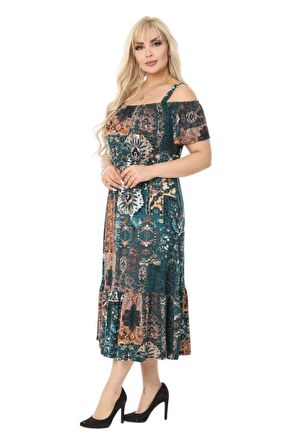 Melsay Butik Petrol Yeşili Askılı Madonna Yaka Midi Elbise