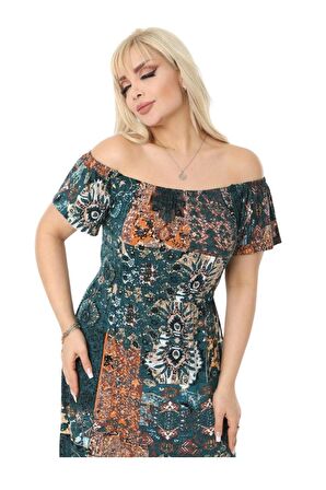 Melsay Butik Petrol Yeşili Askılı Madonna Yaka Midi Elbise
