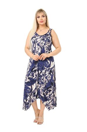 Melsay Butik Mavi Batik Desen Askılı V Yaka Uzun Elbise
