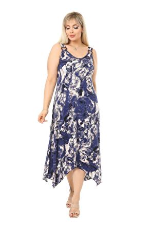 Melsay Butik Mavi Batik Desen Askılı V Yaka Uzun Elbise