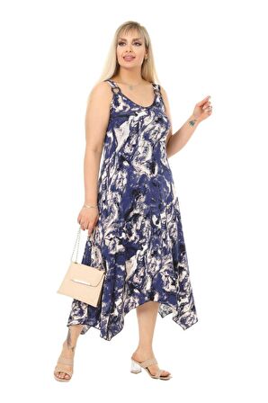 Melsay Butik Mavi Batik Desen Askılı V Yaka Uzun Elbise