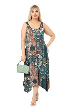 Melsay Butik Yeşil Etnik Desen Askılı V Yaka Uzun Elbise