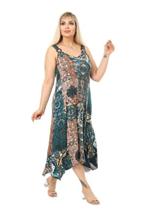 Melsay Butik Yeşil Etnik Desen Askılı V Yaka Uzun Elbise