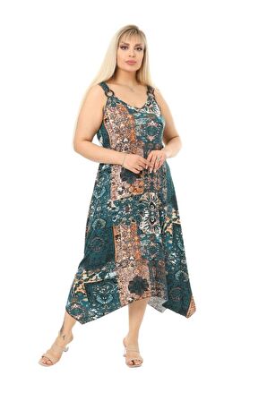 Melsay Butik Yeşil Etnik Desen Askılı V Yaka Uzun Elbise