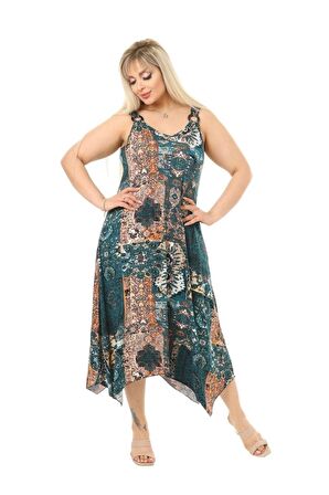 Melsay Butik Yeşil Etnik Desen Askılı V Yaka Uzun Elbise