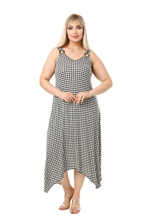 Melsay Butik Kazayağı Desen Askılı V Yaka Uzun Elbise