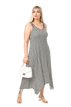 Melsay Butik Kazayağı Desen Askılı V Yaka Uzun Elbise