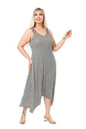 Melsay Butik Kazayağı Desen Askılı V Yaka Uzun Elbise