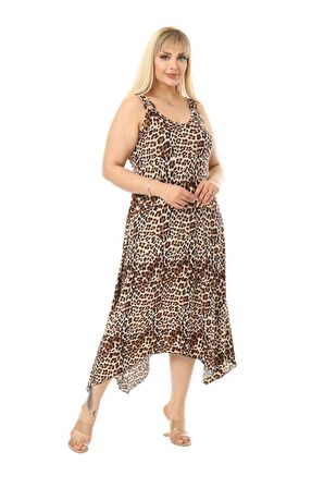 Melsay Butik Küçük Leopar Desen Askılı V Yaka Uzun Elbise