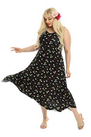 Melsay Butik Siyah Papatya Desen Askılı V Yaka Uzun Elbise