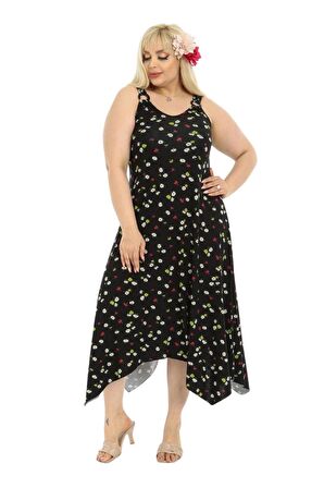 Melsay Butik Siyah Papatya Desen Askılı V Yaka Uzun Elbise