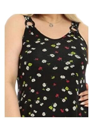 Melsay Butik Siyah Papatya Desen Askılı V Yaka Uzun Elbise